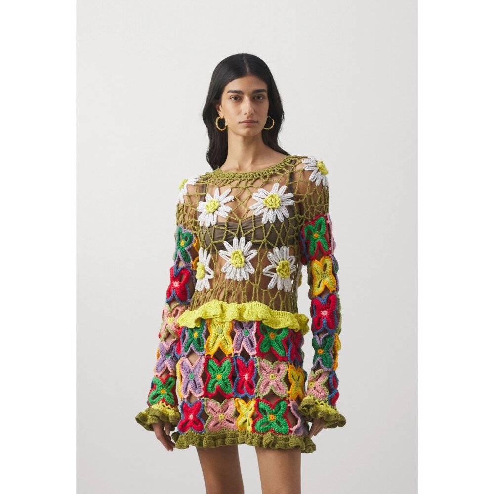 Celia B Galena Green Multi Crochet Long Sleeve Mini Dress Women's X-Small XS - Picture 2 of 8